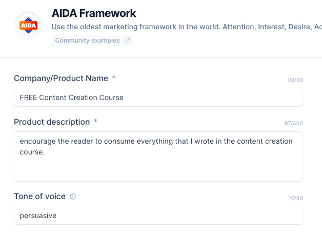 AIDA Framework Input example
